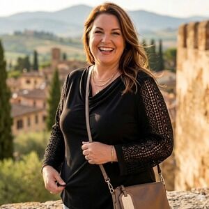 Chicos Travelers Women Black Cowl Neck Long Sleeve Crochet Lace Top Size 2 Large